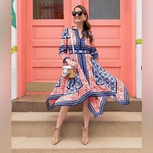 ELIZA J Women’s Bandana Print Handkerchief Dress Navy Orange Boho Coastal Size 6